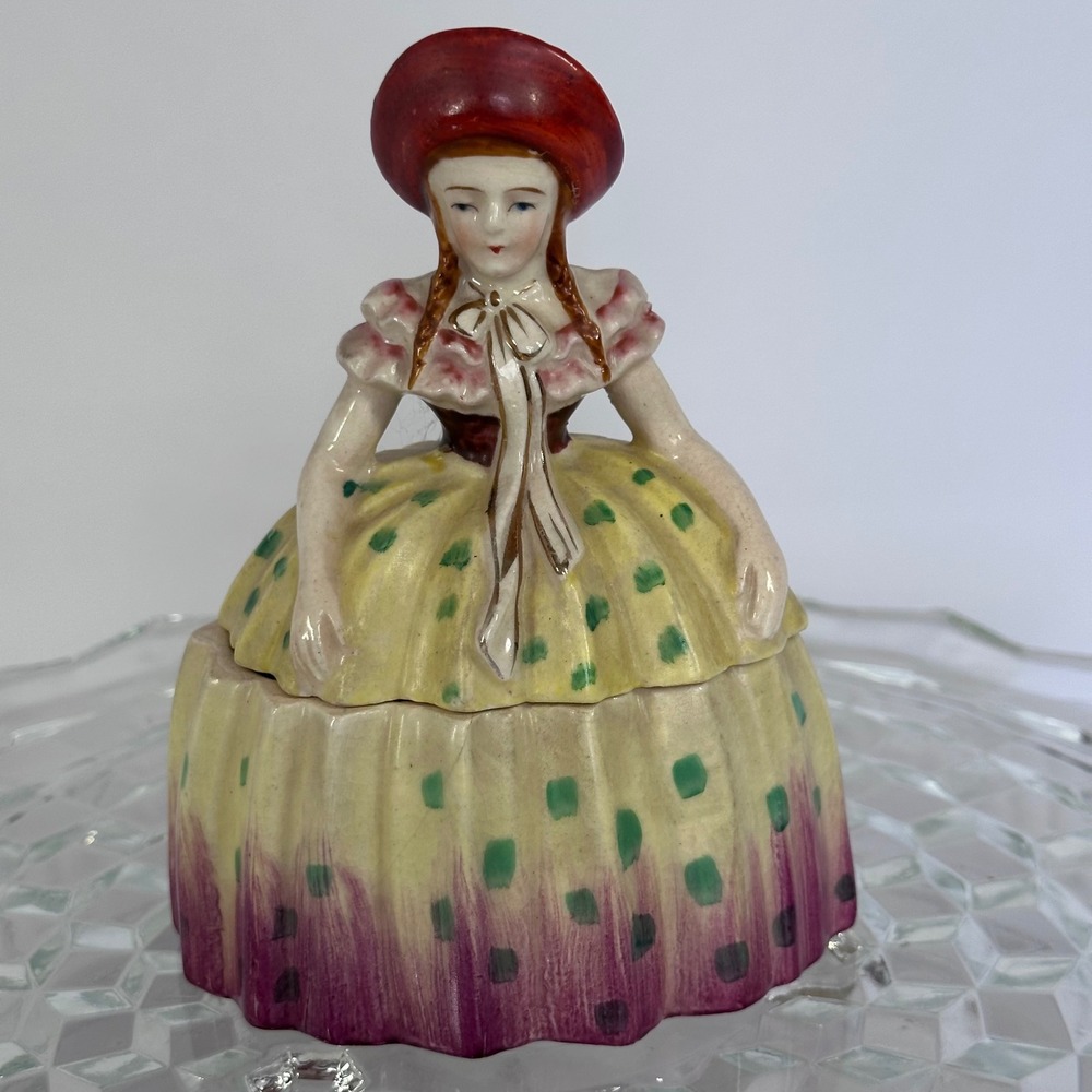 Occupied‎ Japan Figurine Trinket Dish Container Girl Bonnet Yellow Dress